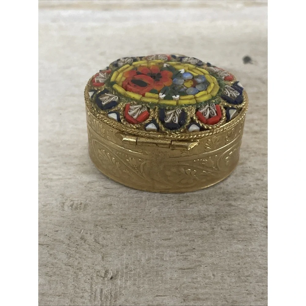 VTG  Italian Micro Mosaic Floral Brass Pill Box - Marked 